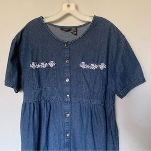 Vintage 90s Dark Wash Denim Button Front Gathered Midi Dress Medium